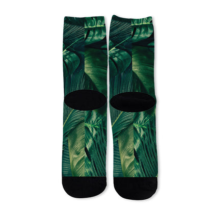 Tropical Green Leaves Print Long Socks