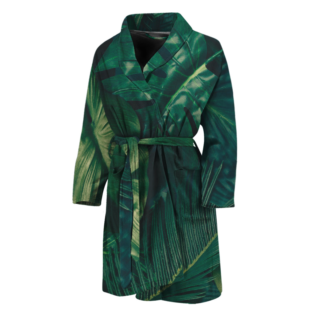 Tropical Green Leaves Print Men's Bathrobe