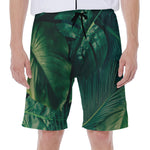 Tropical Green Leaves Print Men's Beach Shorts