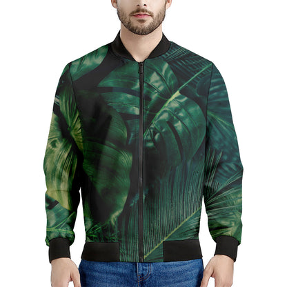 Tropical Green Leaves Print Men's Bomber Jacket