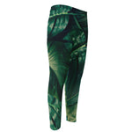 Tropical Green Leaves Print Men's Compression Pants