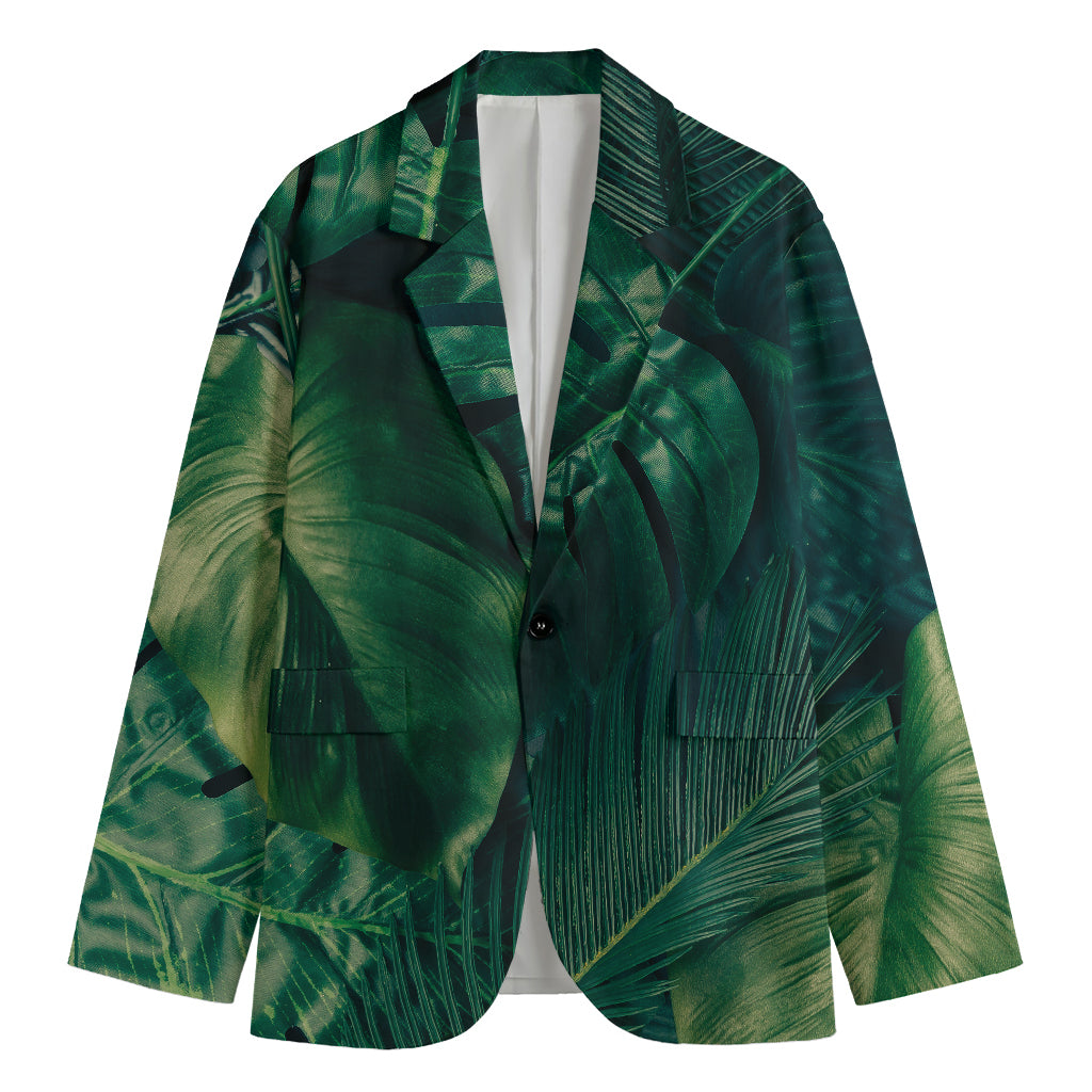 Tropical Green Leaves Print Men's Cotton Blazer