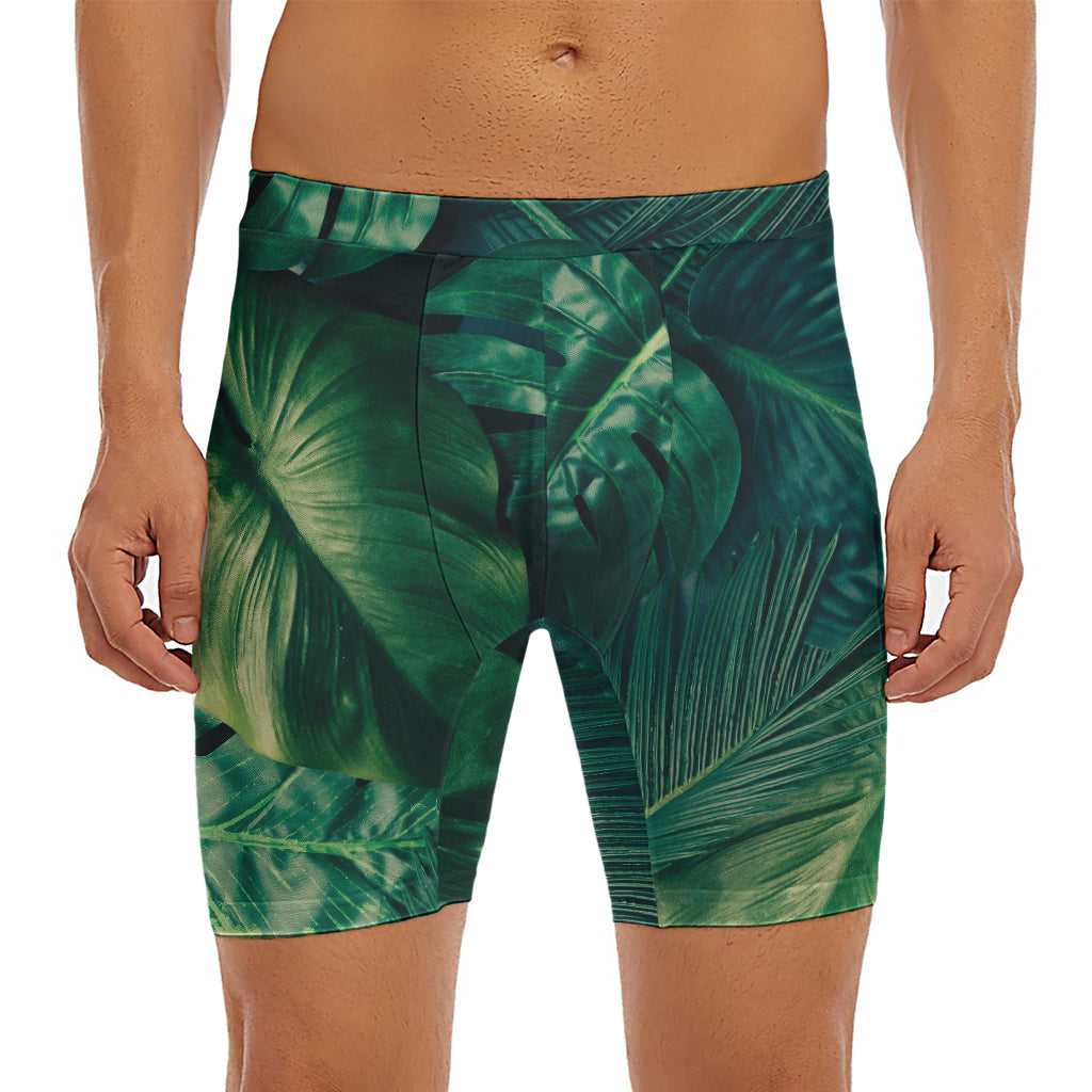 Tropical Green Leaves Print Men's Long Boxer Briefs