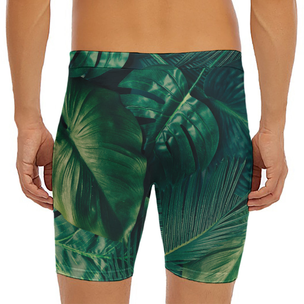 Tropical Green Leaves Print Men's Long Boxer Briefs
