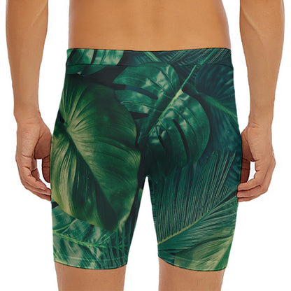 Tropical Green Leaves Print Men's Long Boxer Briefs