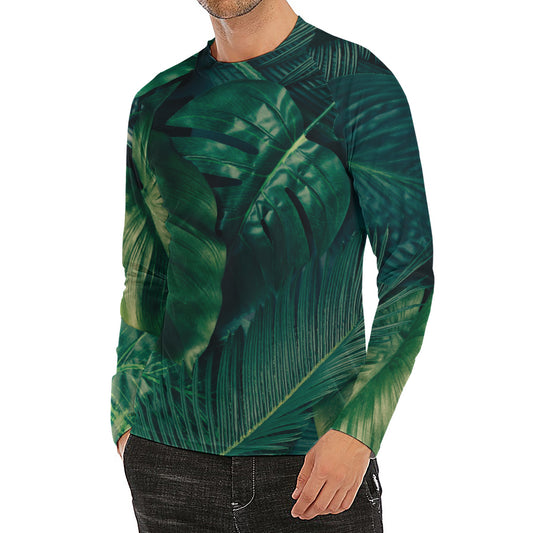 Tropical Green Leaves Print Men's Long Sleeve Rash Guard