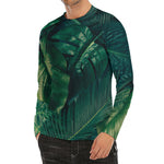 Tropical Green Leaves Print Men's Long Sleeve Rash Guard
