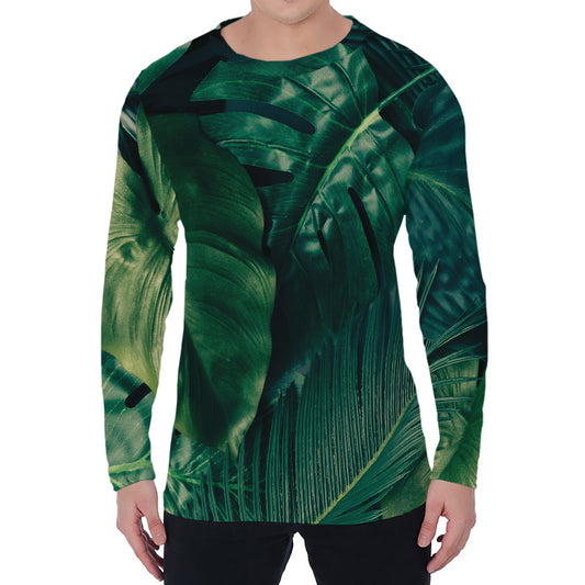 Tropical Green Leaves Print Men's Long Sleeve T-Shirt