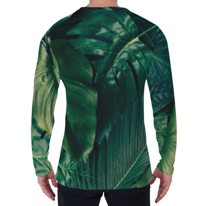 Tropical Green Leaves Print Men's Long Sleeve T-Shirt