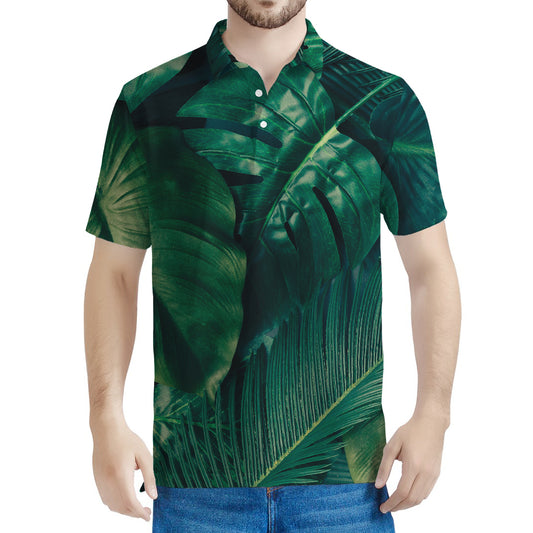 Tropical Green Leaves Print Men's Polo Shirt