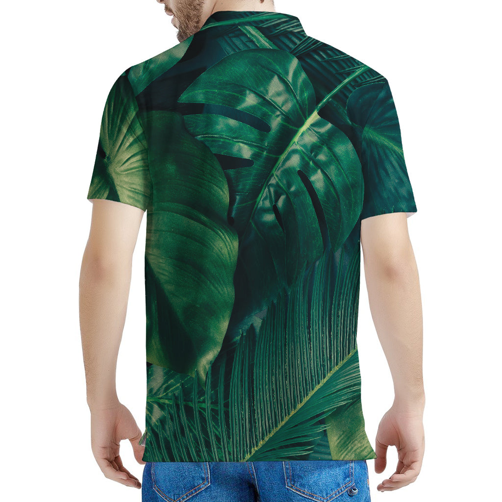 Tropical Green Leaves Print Men's Polo Shirt