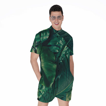 Tropical Green Leaves Print Men's Rompers