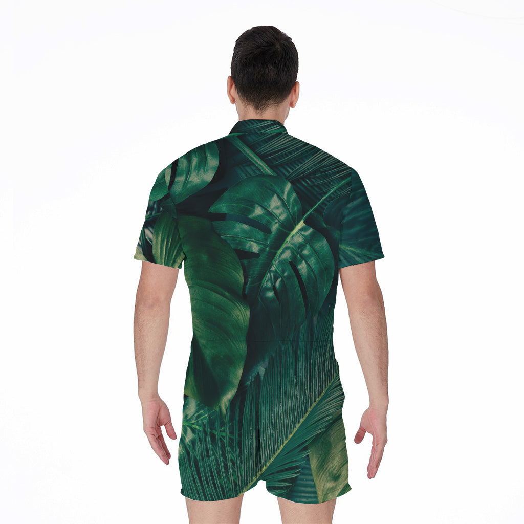 Tropical Green Leaves Print Men's Rompers