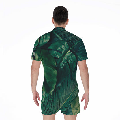 Tropical Green Leaves Print Men's Rompers