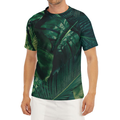 Tropical Green Leaves Print Men's Short Sleeve Rash Guard