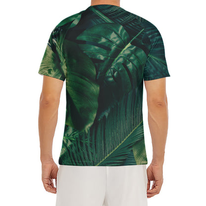 Tropical Green Leaves Print Men's Short Sleeve Rash Guard