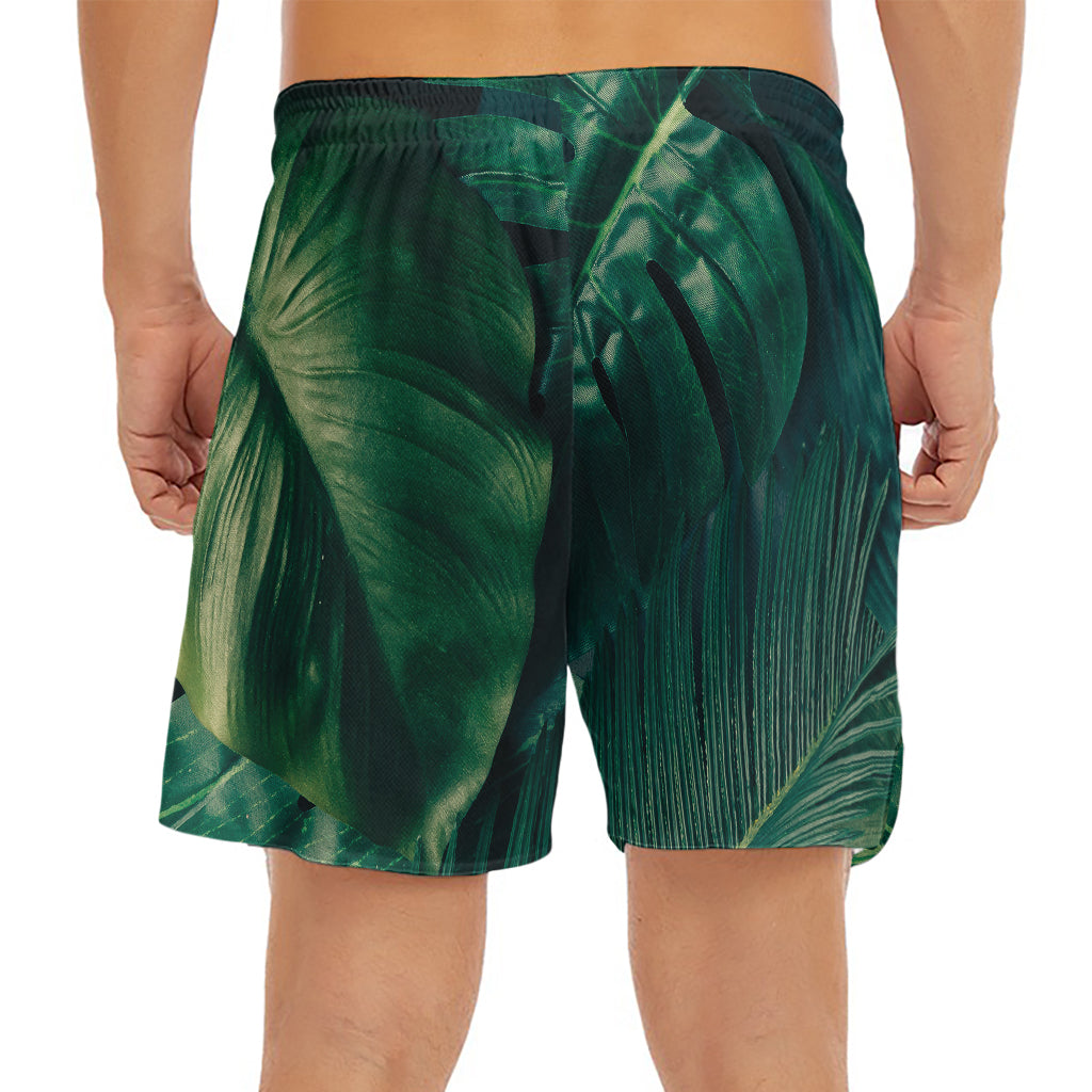 Tropical Green Leaves Print Men's Split Running Shorts