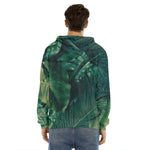 Tropical Green Leaves Print Men's Velvet Pullover Hoodie