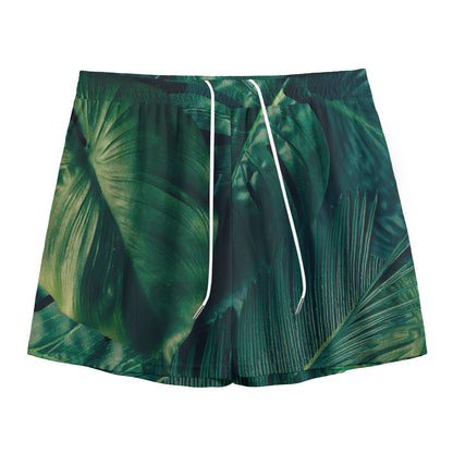 Tropical Green Leaves Print Mesh Shorts