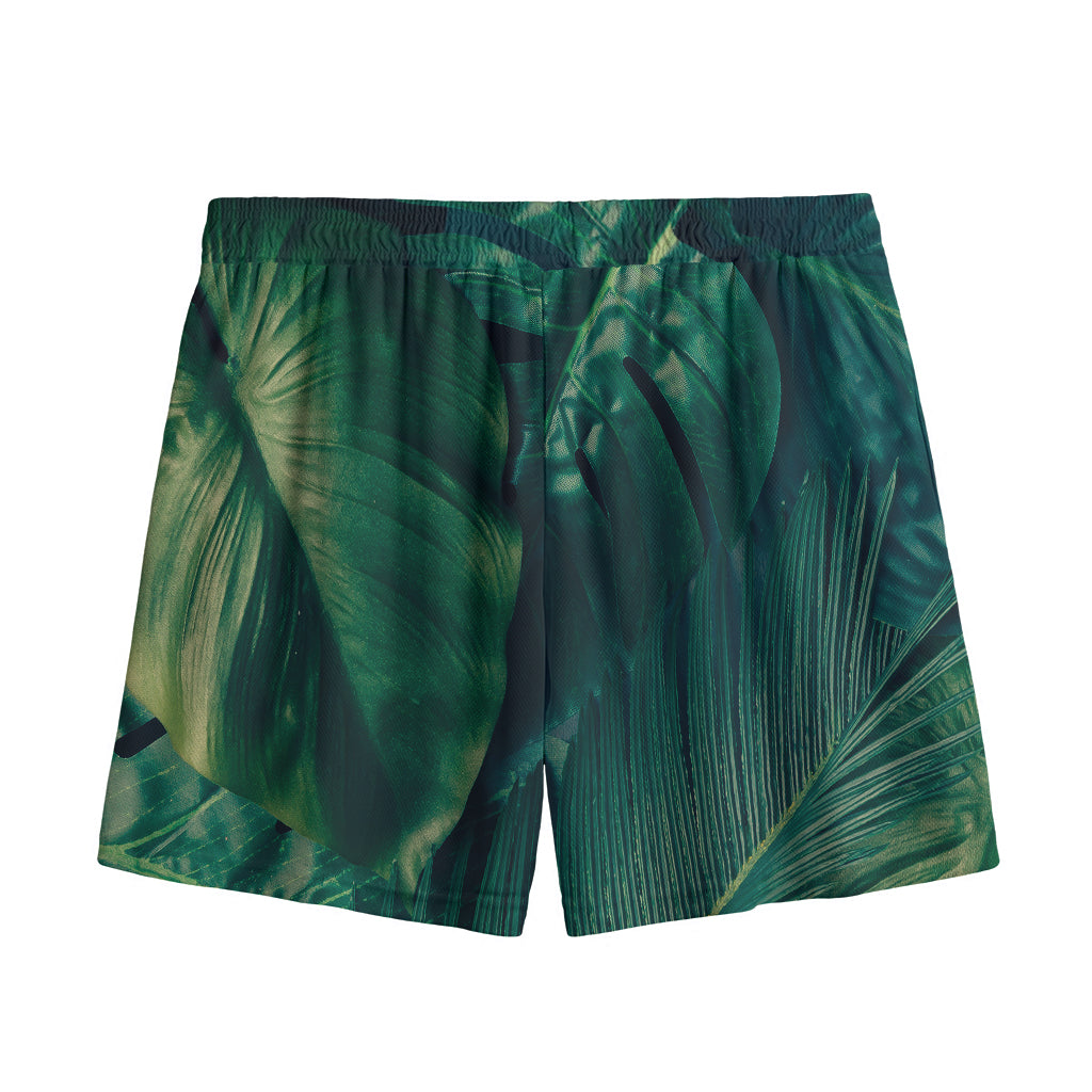 Tropical Green Leaves Print Mesh Shorts
