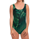 Tropical Green Leaves Print One Piece Swimsuit