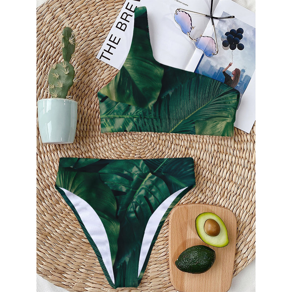 Tropical Green Leaves Print One Shoulder Bikini Top