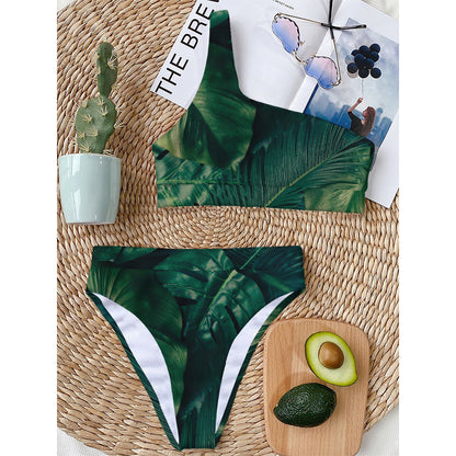 Tropical Green Leaves Print One Shoulder Bikini Top
