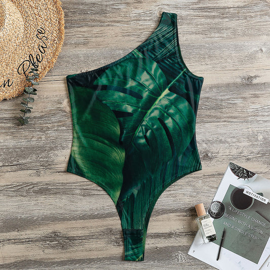 Tropical Green Leaves Print One Shoulder Bodysuit