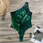 Tropical Green Leaves Print One Shoulder Bodysuit