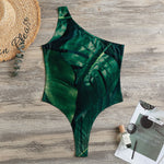 Tropical Green Leaves Print One Shoulder Bodysuit