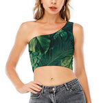 Tropical Green Leaves Print One Shoulder Crop Top
