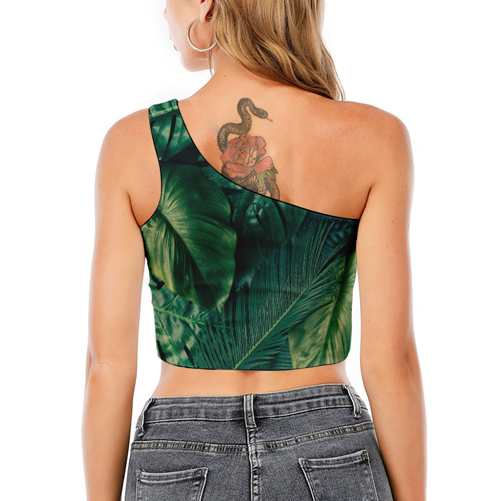 Tropical Green Leaves Print One Shoulder Crop Top