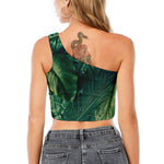 Tropical Green Leaves Print One Shoulder Crop Top