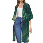 Tropical Green Leaves Print Open Front Beach Cover Up