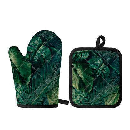 Tropical Green Leaves Print Oven Mitt And Pot Holder Set