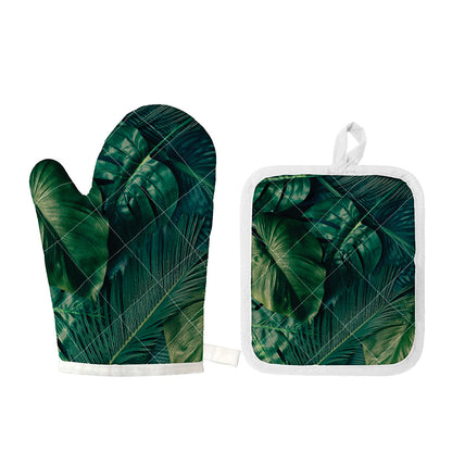 Tropical Green Leaves Print Oven Mitt And Pot Holder Set