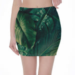 Tropical Green Leaves Print Pencil Mini Skirt