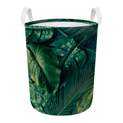Tropical Green Leaves Print Round Laundry Basket