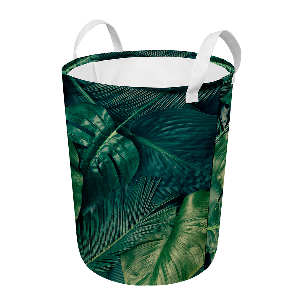 Tropical Green Leaves Print Round Laundry Basket