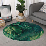 Tropical Green Leaves Print Round Rug