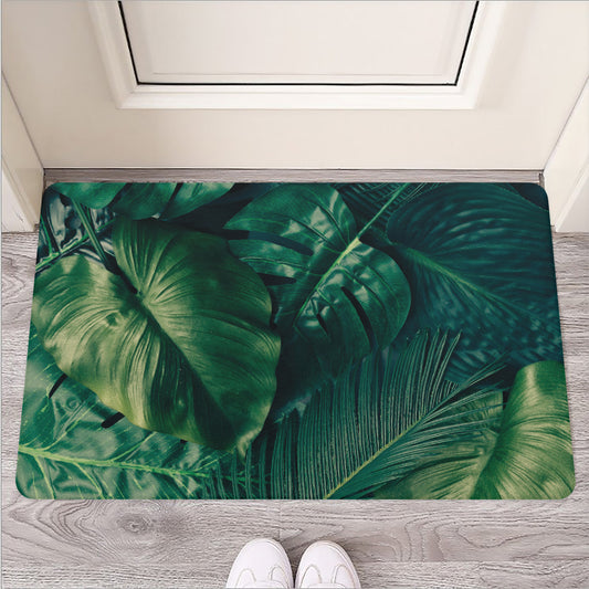 Tropical Green Leaves Print Rubber Doormat