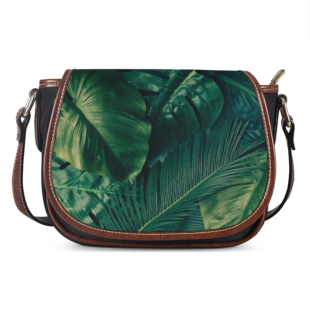Tropical Green Leaves Print Saddle Bag
