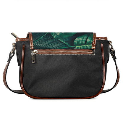 Tropical Green Leaves Print Saddle Bag
