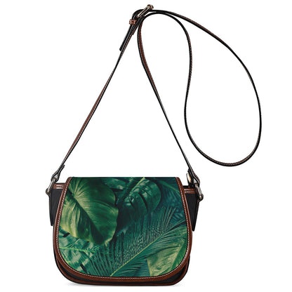 Tropical Green Leaves Print Saddle Bag
