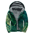 Tropical Green Leaves Print Sherpa Lined Zip Up Hoodie
