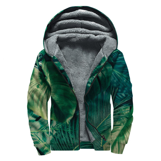 Tropical Green Leaves Print Sherpa Lined Zip Up Hoodie