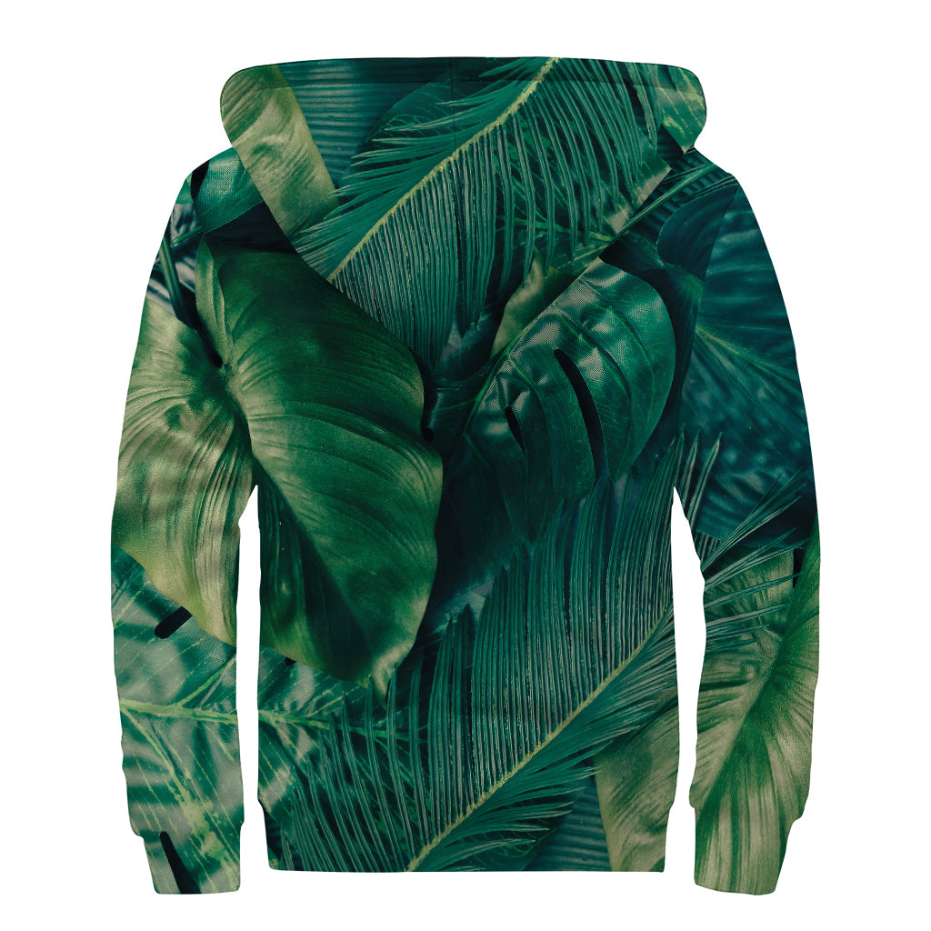 Tropical Green Leaves Print Sherpa Lined Zip Up Hoodie