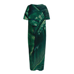 Tropical Green Leaves Print Short Sleeve Long Nightdress