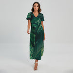 Tropical Green Leaves Print Short Sleeve Maxi Dress