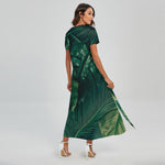 Tropical Green Leaves Print Short Sleeve Maxi Dress